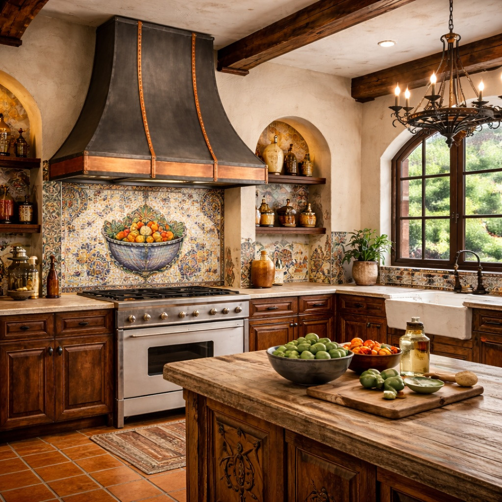 Mixed-metal zinc and copper range hood in a Hacienda kitchen with Talavera tiles and wood cabinetry