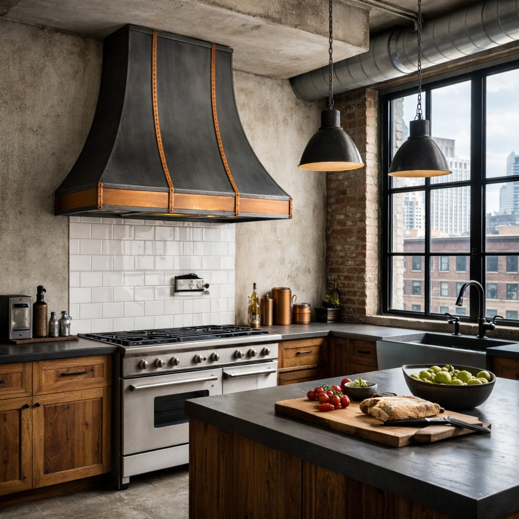 Mixed-metal zinc and copper range hood in loft warehouse-inspired kitchen, artisan-made alternative to purely industrial stainless steel