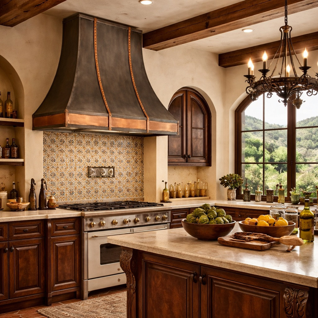 Mixed-metal zinc and copper range hood in a kitchen with historic Spanish ironwork and Mediterranean metal accents