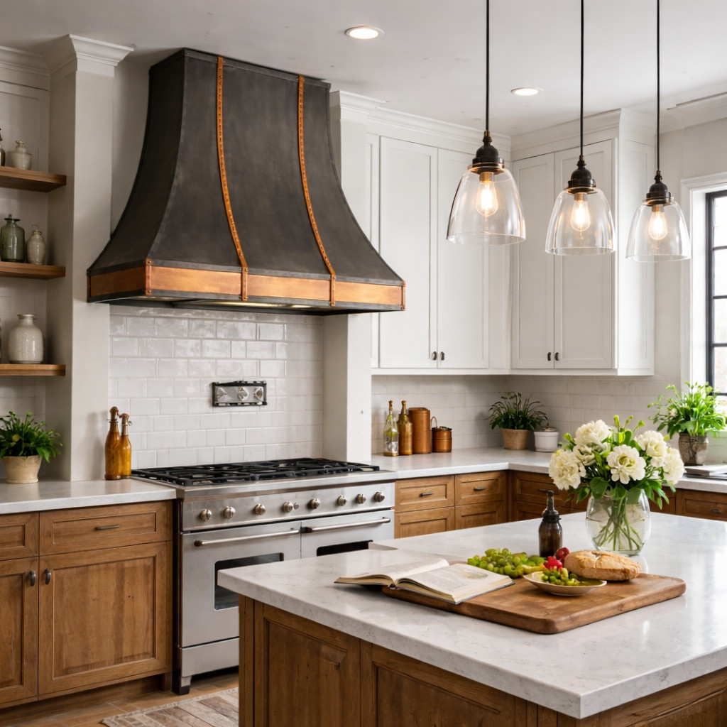 Mixed-metal zinc and copper range hood in a urban transitional kitchen with clean lines and modern rustic cabinetry