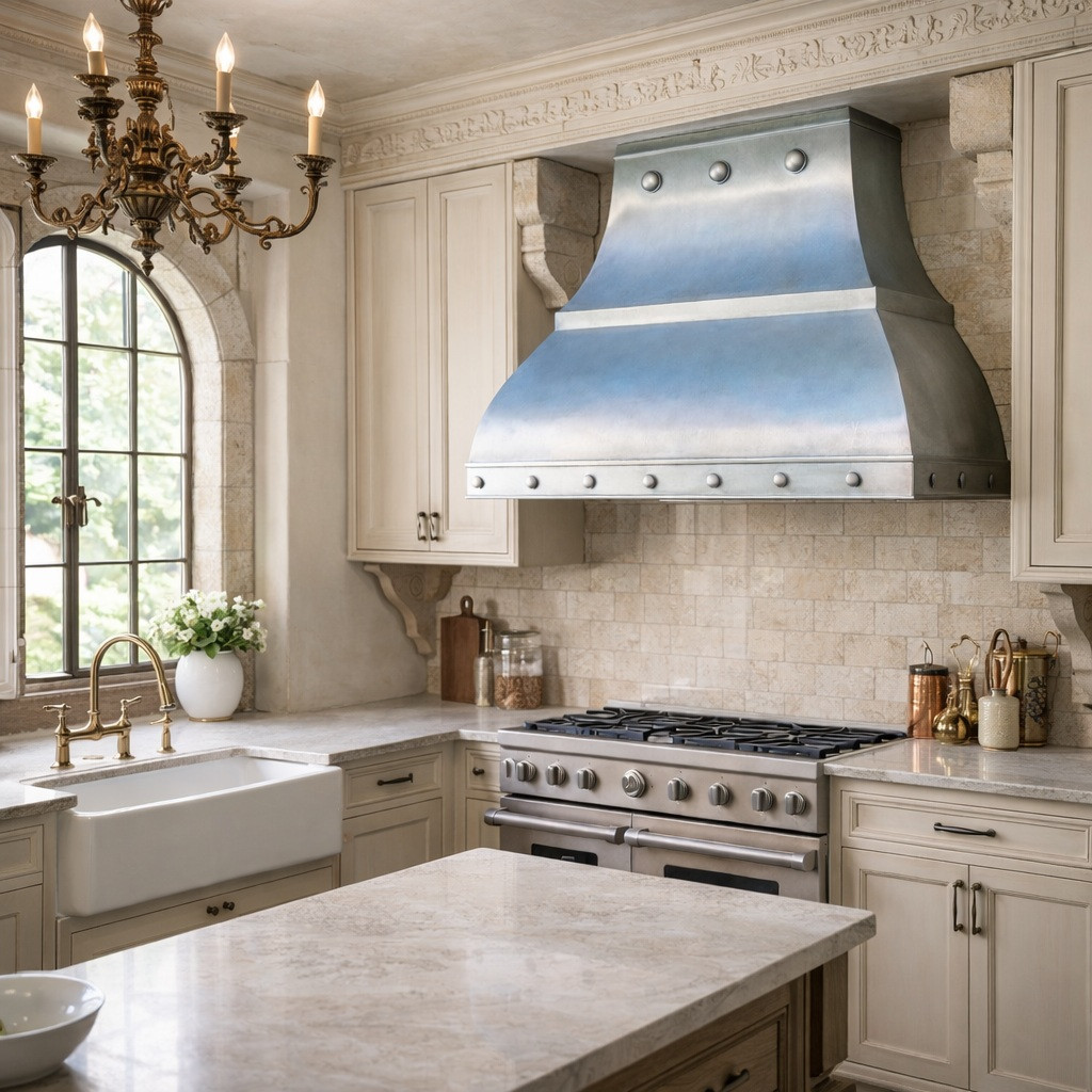 Elegant European style kitchen with a custom architectural zinc range hood with riveted detail and flared canopy