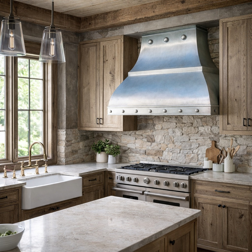 Rustic modern kitchen with a custom architectural zinc range hood with riveted detail and flared canopy