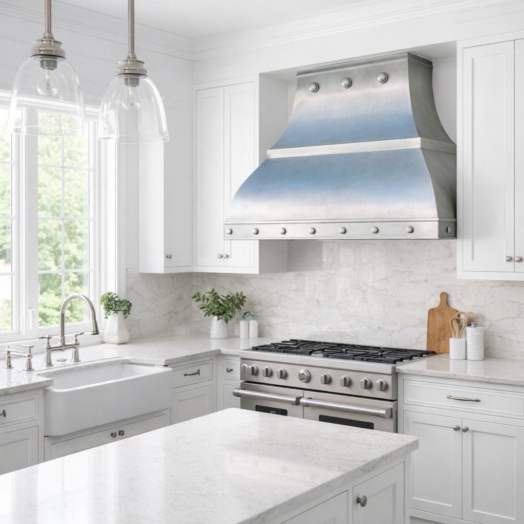 Architectural Zinc Range Hood with Rivets and Flared Canopy