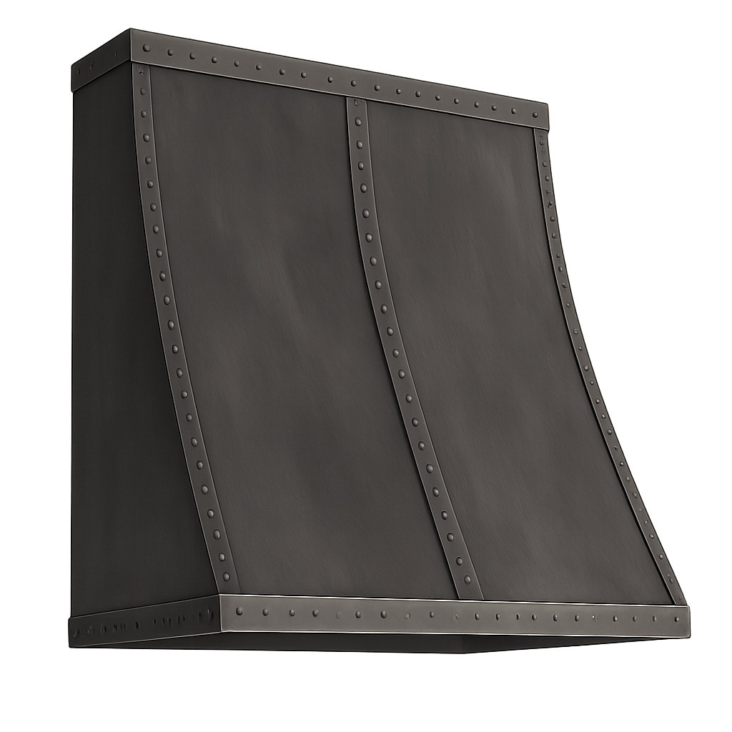 Minimalist wall or island zinc range hood with straps, combining clean geometry and artisan character for modern kitchen designs