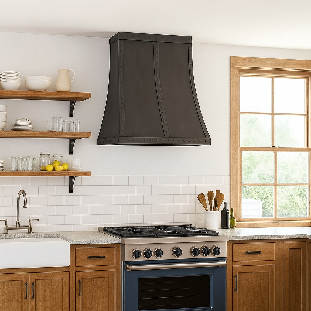 Minimalist wall-mounted zinc range hood with straps in a farmhouse kitchen featuring warm wood cabinetry and light tile backsplash