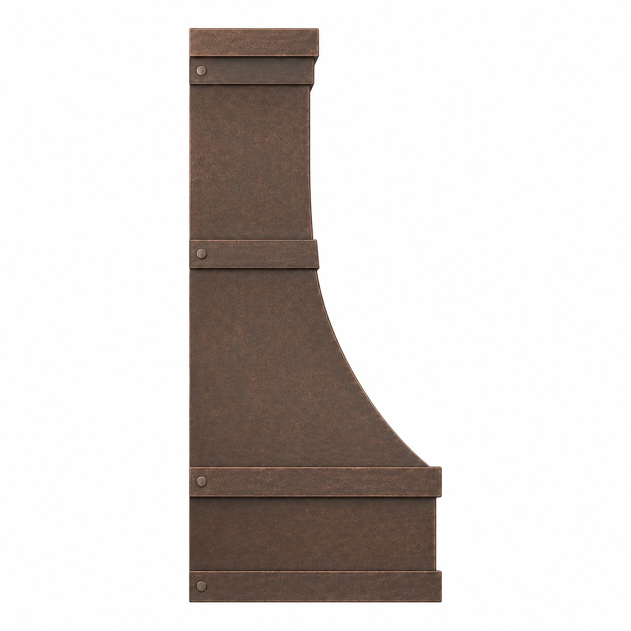Side view of antique hand-hammered copper range hood with curved bell profile and flat wall back