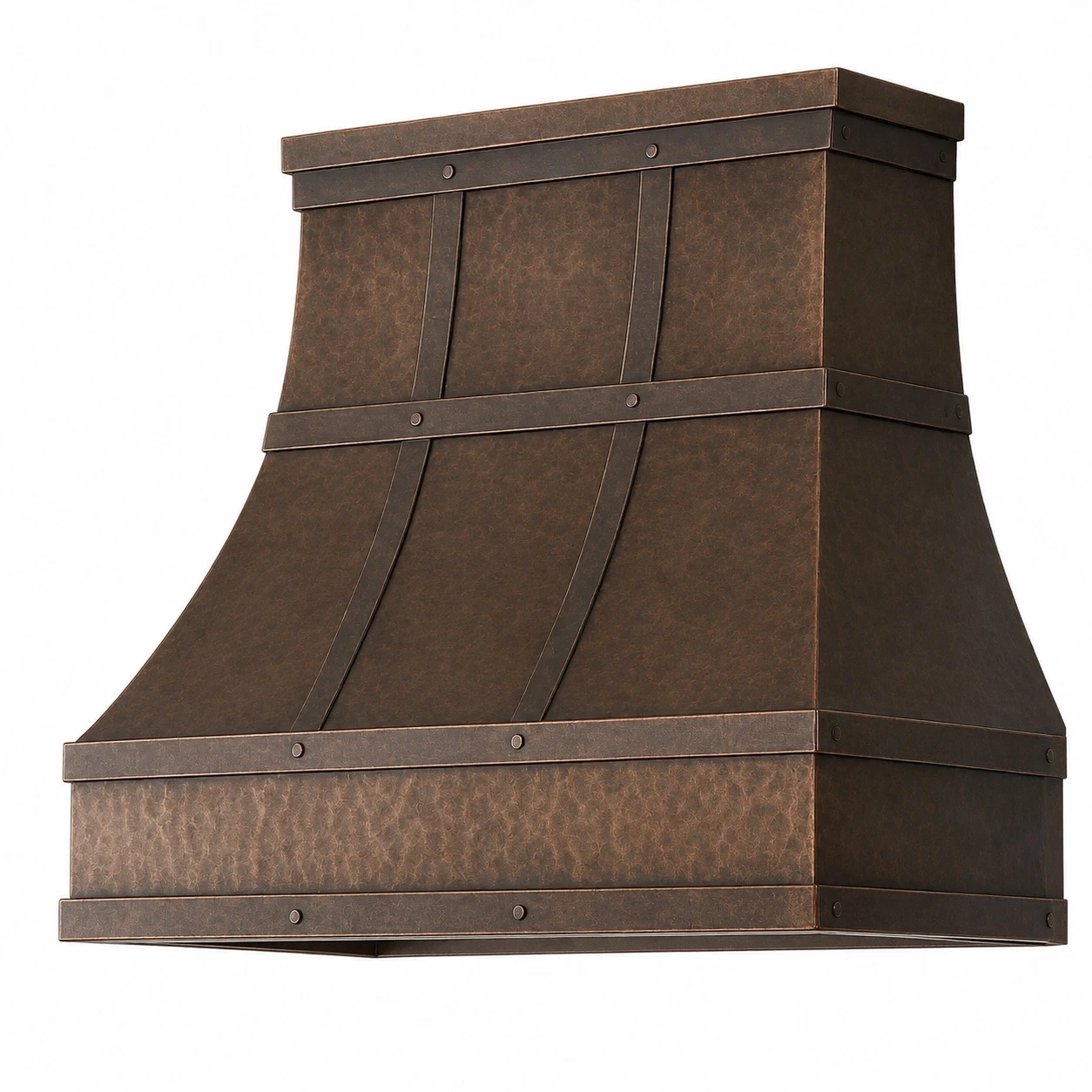Angled view of antique hand-hammered copper range hood with curved bell profile