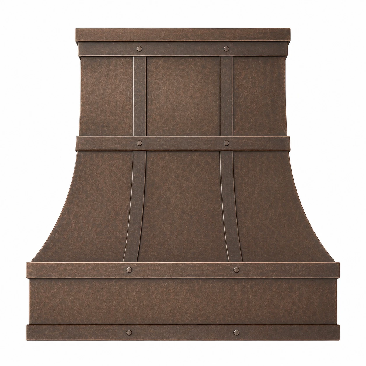 Hand-hammered bell copper range hood with four banded rails and warm copper patina