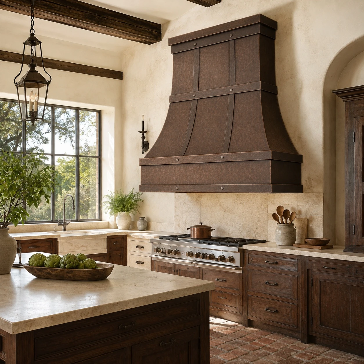 Monterey Colonial kitchen with hand-hammered bell copper range hood and four banded rails