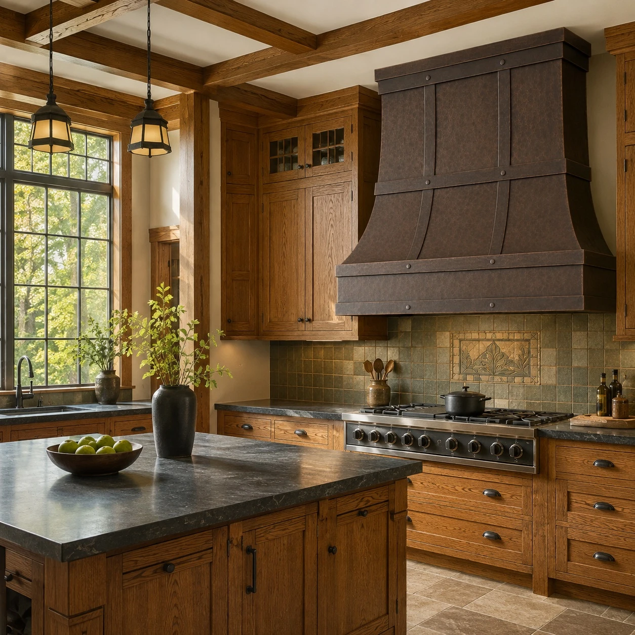 Arts and Crafts Revival kitchen with copper hood, quarter-sawn oak cabinetry, handmade tile and stone countertops