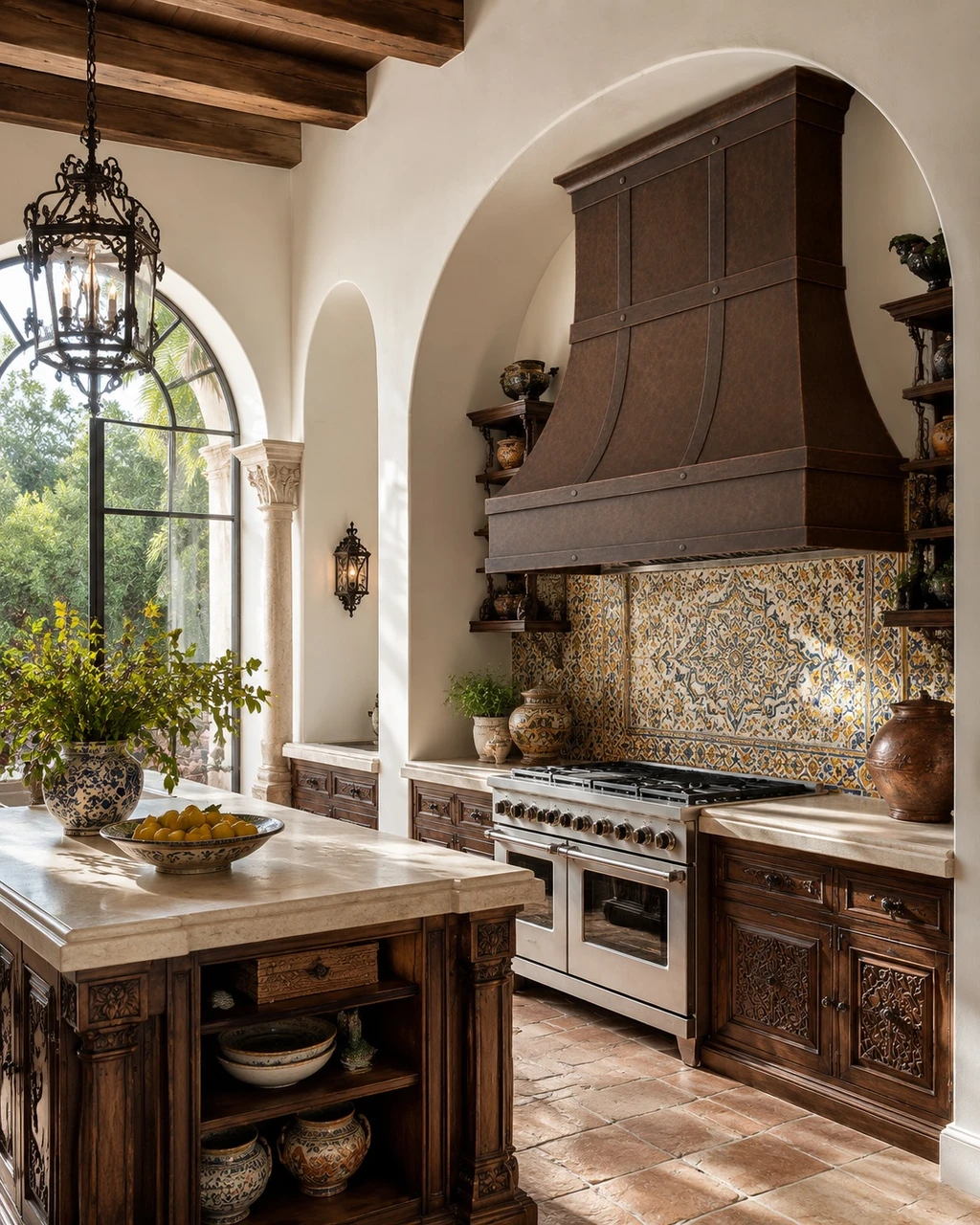 Andalusian kitchen with hand-hammered bell copper range hood, warm patina, and banded rails