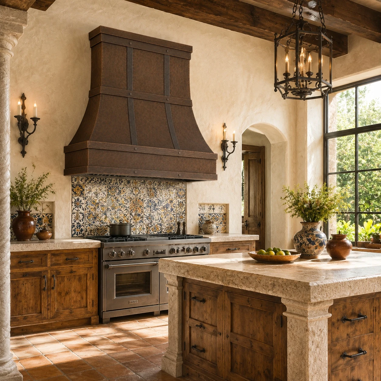 Mexican Colonial Revival kitchen with hand-hammered copper bell hood and four banded rails
