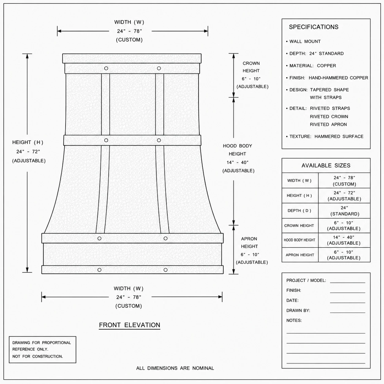 Technical drawing of antique hand-hammered copper range hood with four rails and twin vertical straps