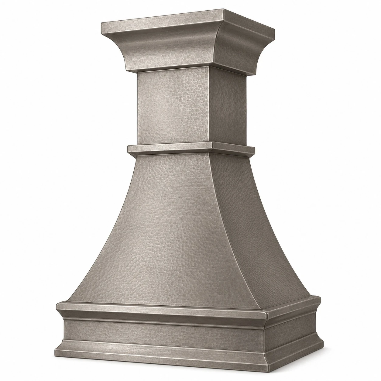 Softly hand hammered zinc range hood with crowned bell silhouette in angled product view