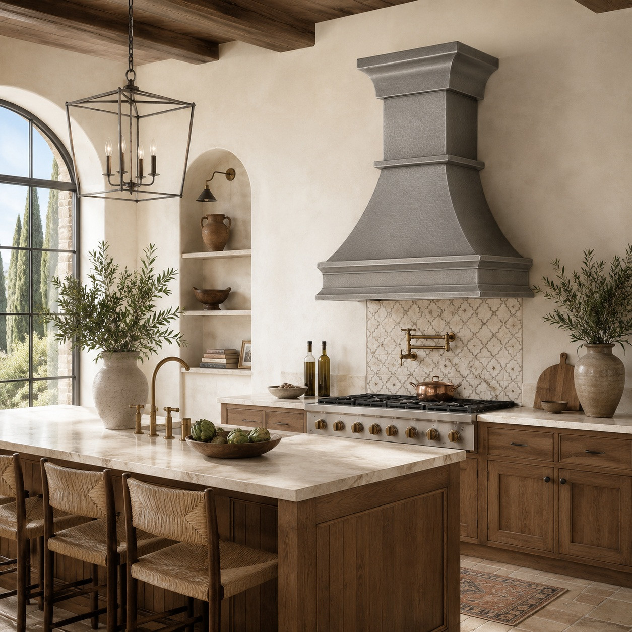 Mediterranean kitchen with brushed zinc hood and Italian crown molding