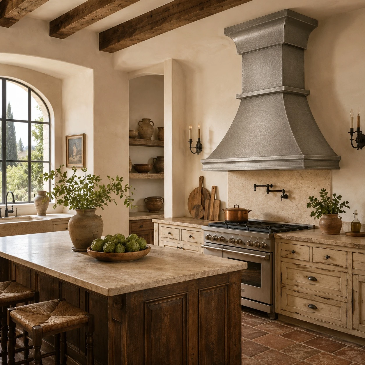Tuscan kitchen with brushed zinc range hood, terracotta floors, aged cabinets, and stone counters