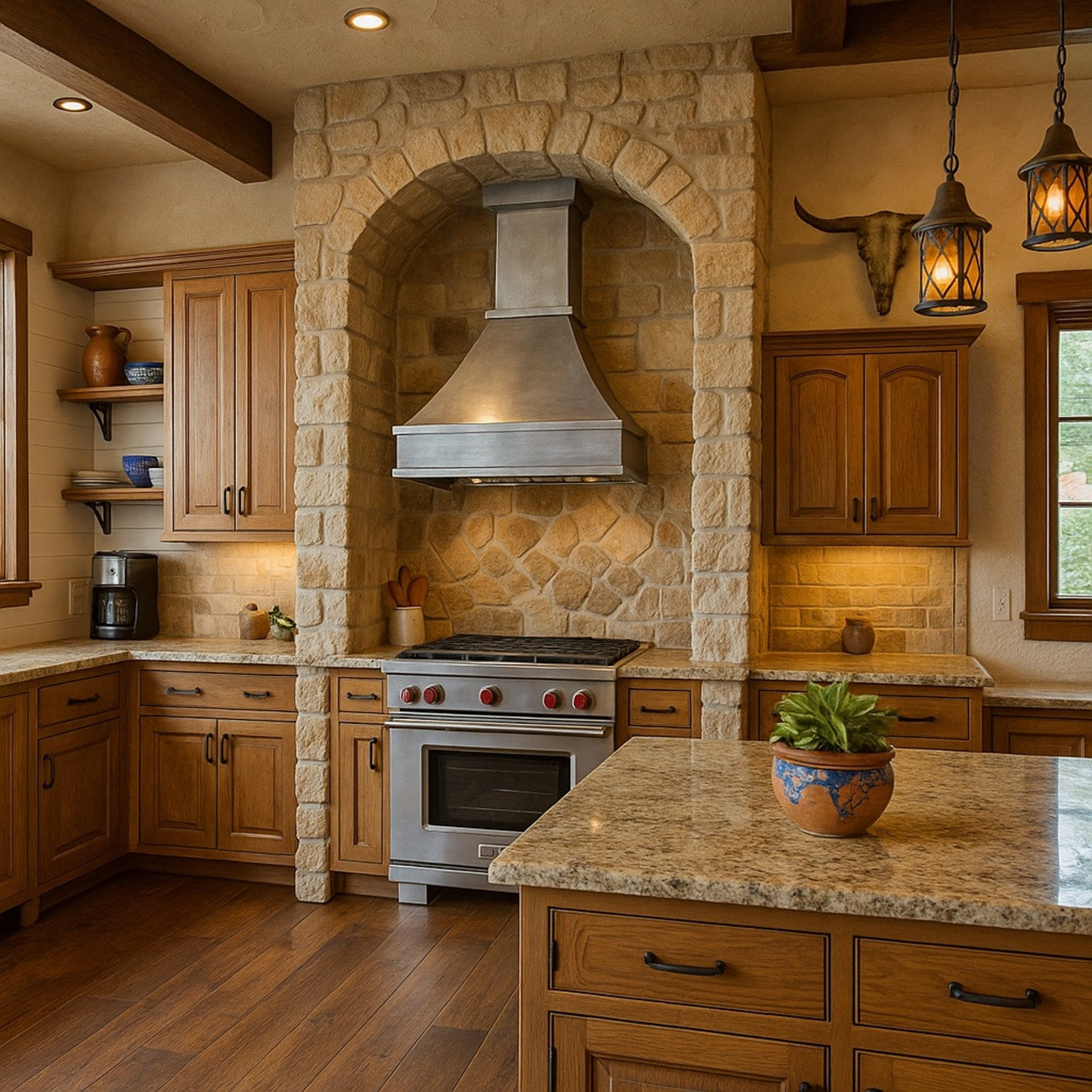Spanish Revival kitchen with brushed zinc hood and Italian crown molding