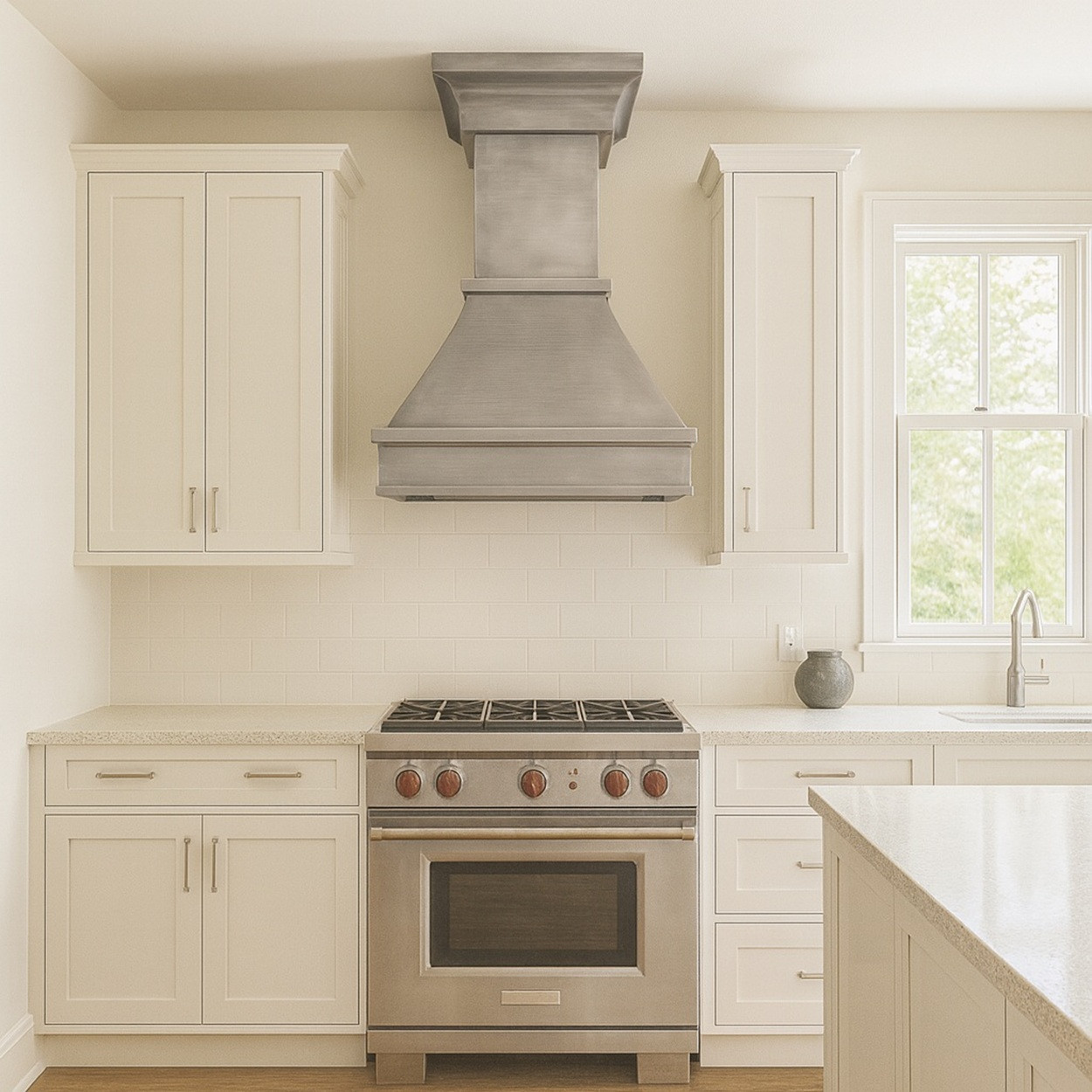 Transitional kitchen with brushed zinc range hood, crowned bell silhouette, clean cabinetry, and stone countertops