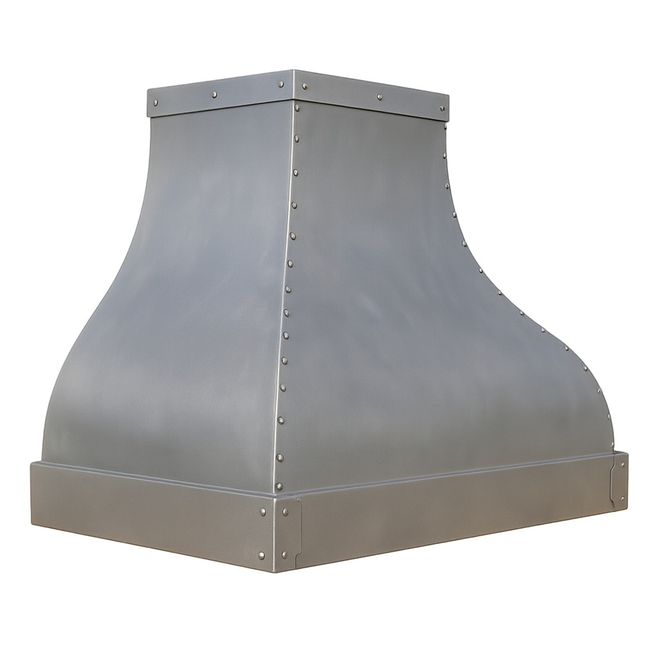 Zinc range hood with curved apron and rivet trim angled view showing patina and curved silhouette