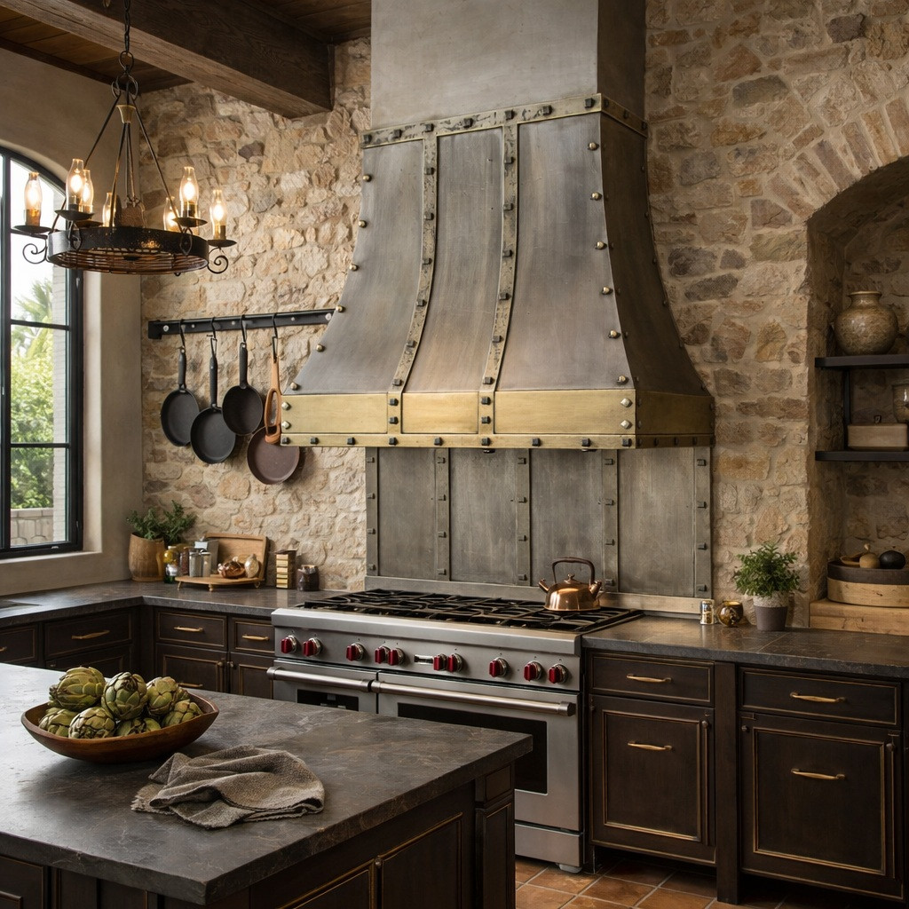 Loft style steel range hood with riveted straps in a Spanish industrial style kitchen settings