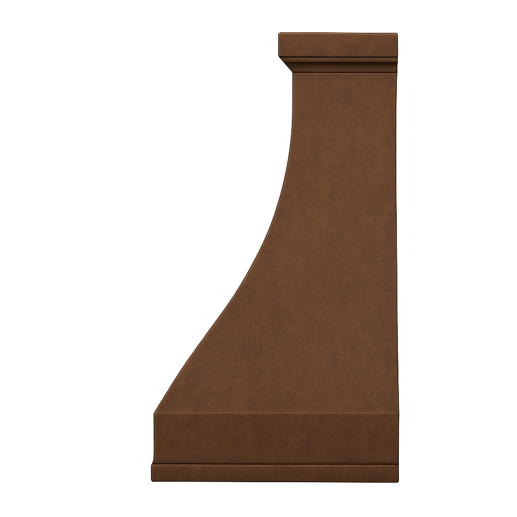 High ceiling wall mount copper range hood side view, tall hammered canopy with extended chimney and tapered profile silhouette