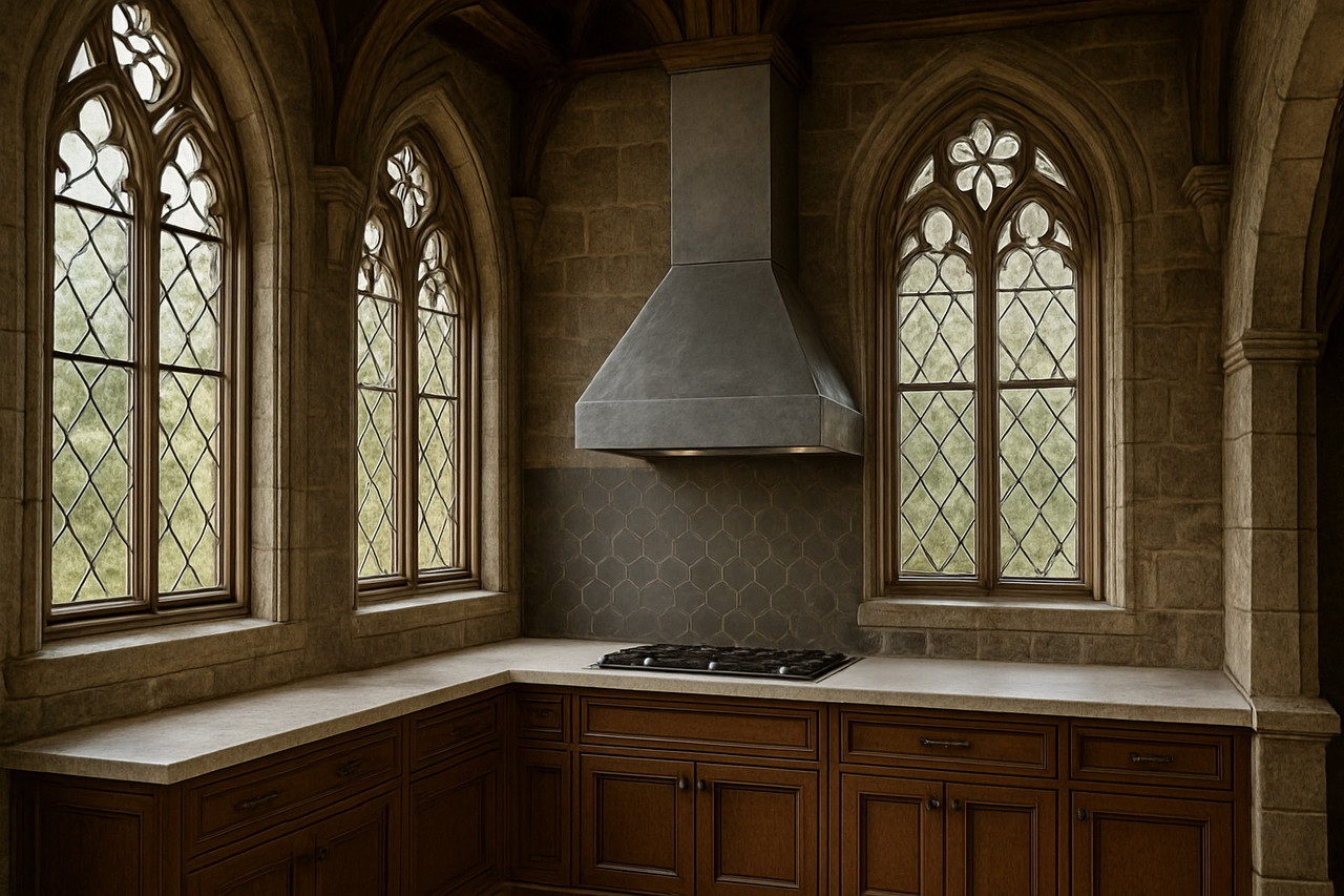 Handmade raw natural iron 48-inch range hood with tapered bell silhouette in a Gothic style kitchen