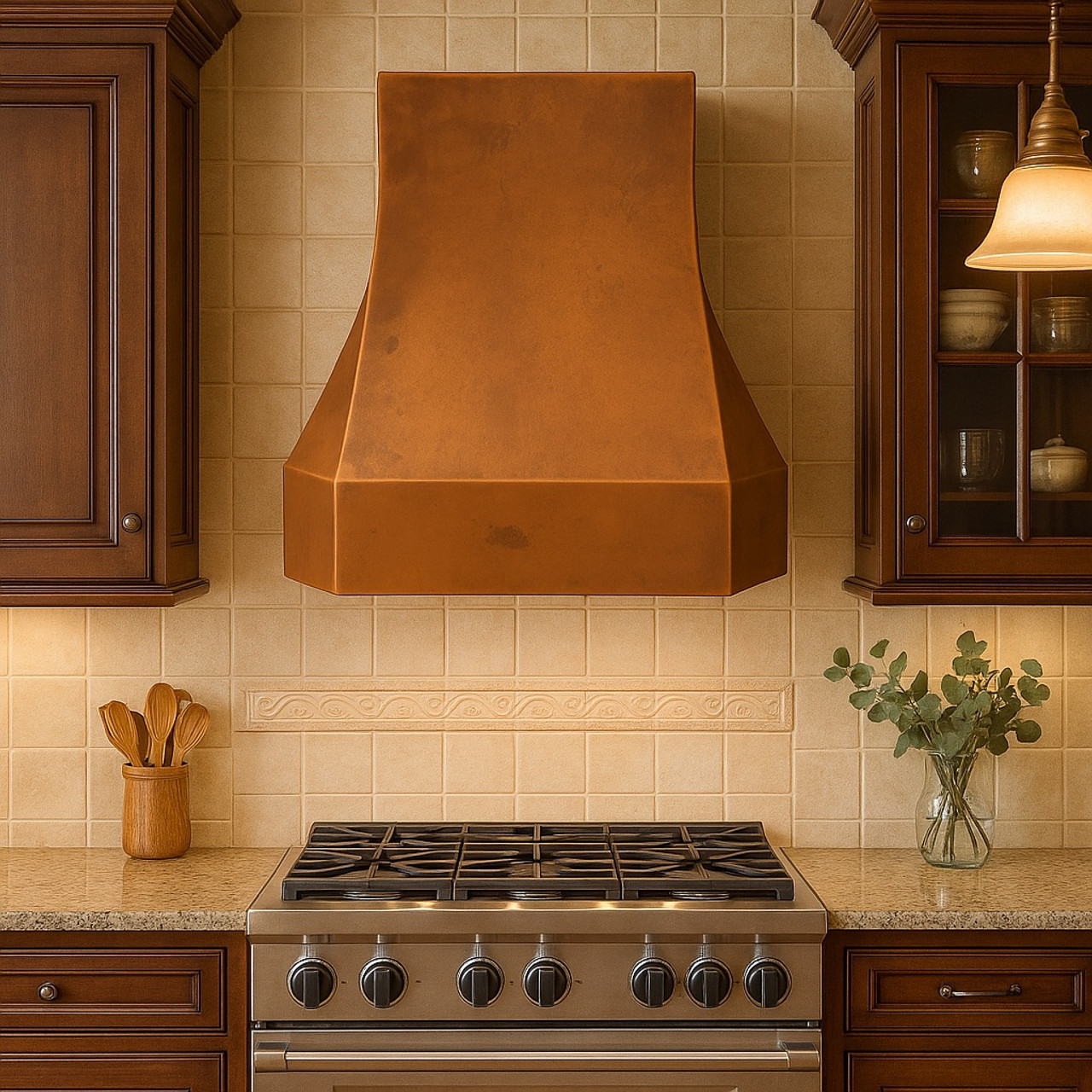 Traditional kitchen featuring custom copper range hood with green-aged patina and flanged edges