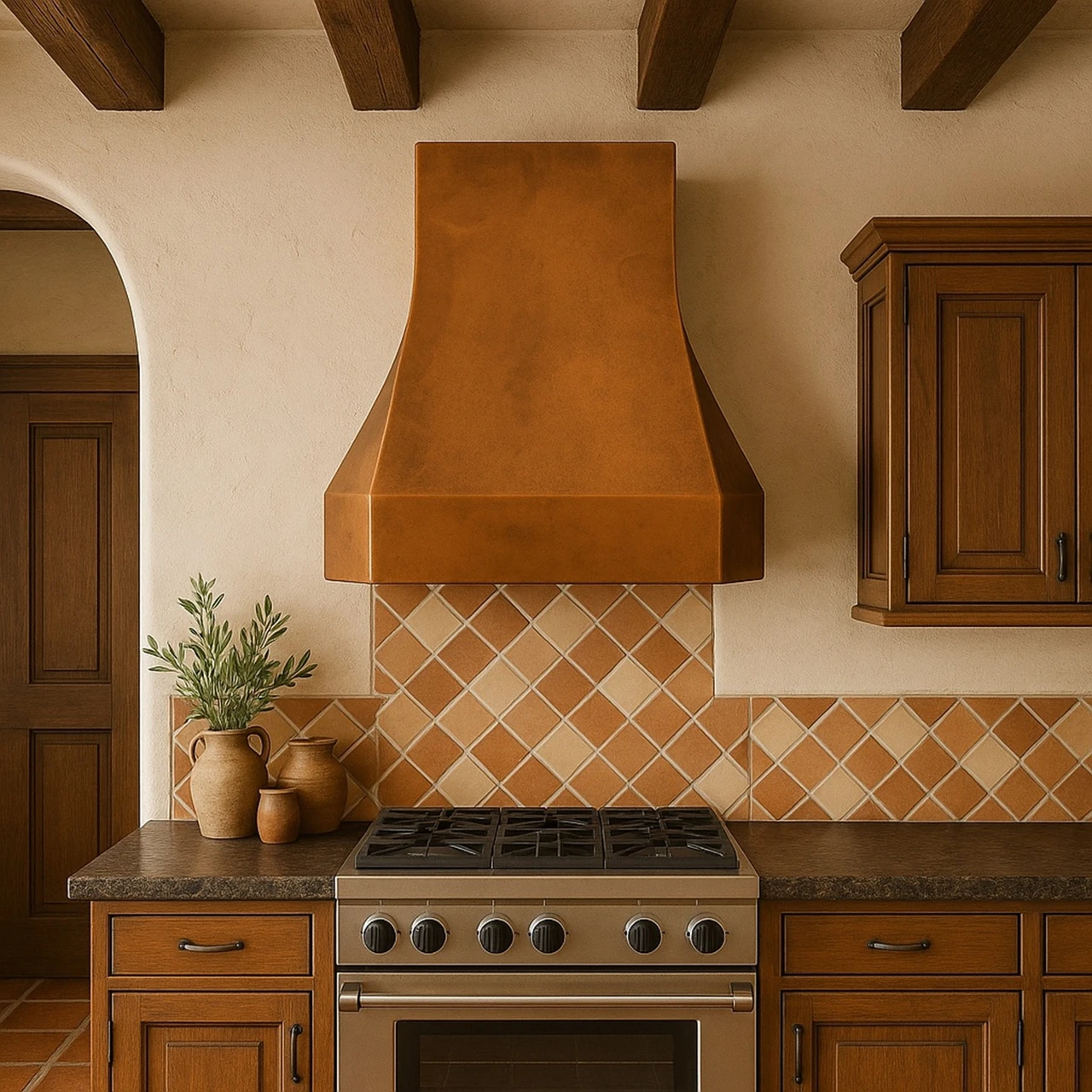 Faceted bell copper range hood in a California Mission kitchen