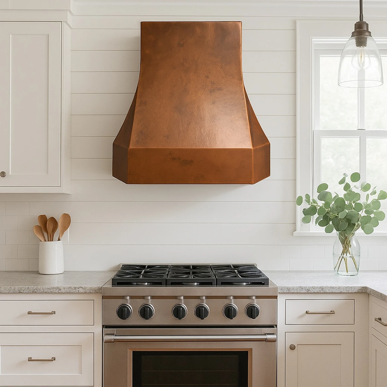 Faceted bell copper range hood in a transitional kitchen with shaker cabinets