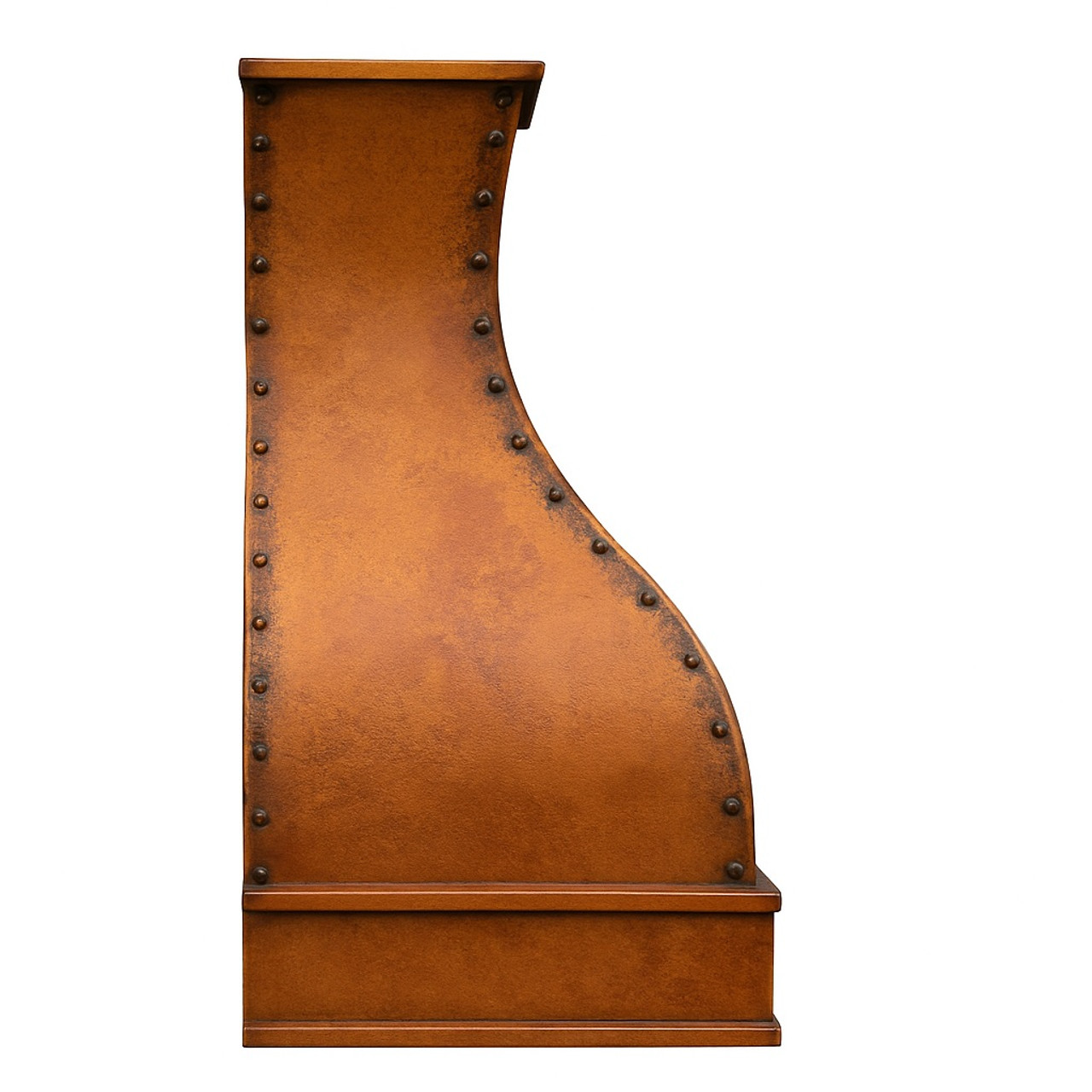 Side view of hand-hammered copper vent hood with chamfered shape