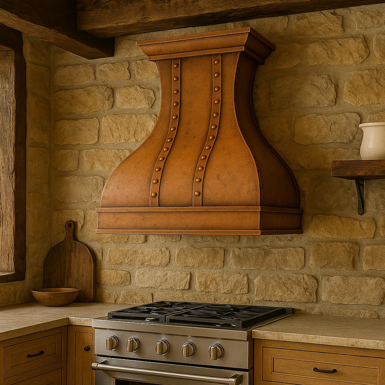 Rustic kitchen with a hand-hammered copper vent hood with chamfered shape