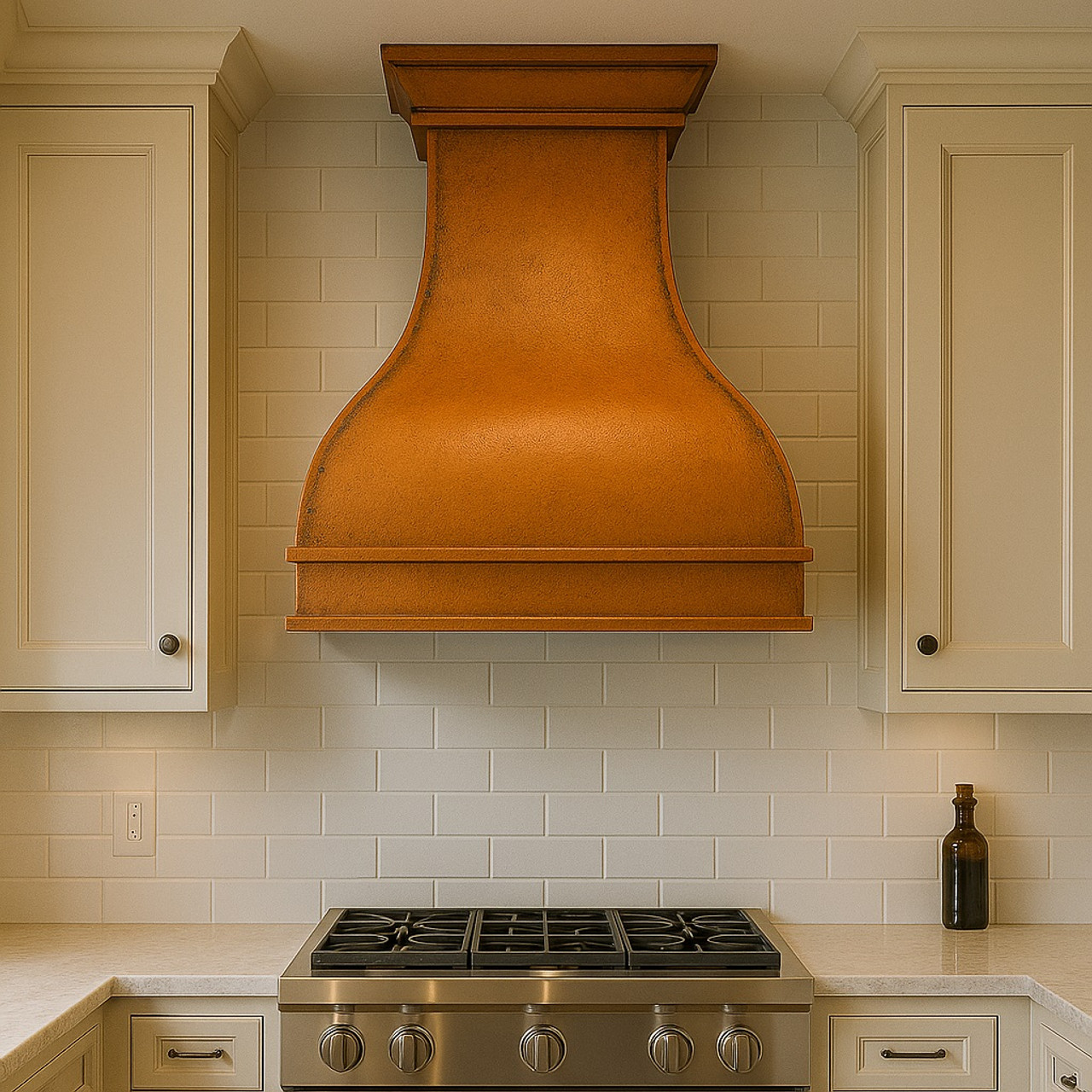 Hand-hammered copper vent hood with chamfered shape in a transitional kitchen