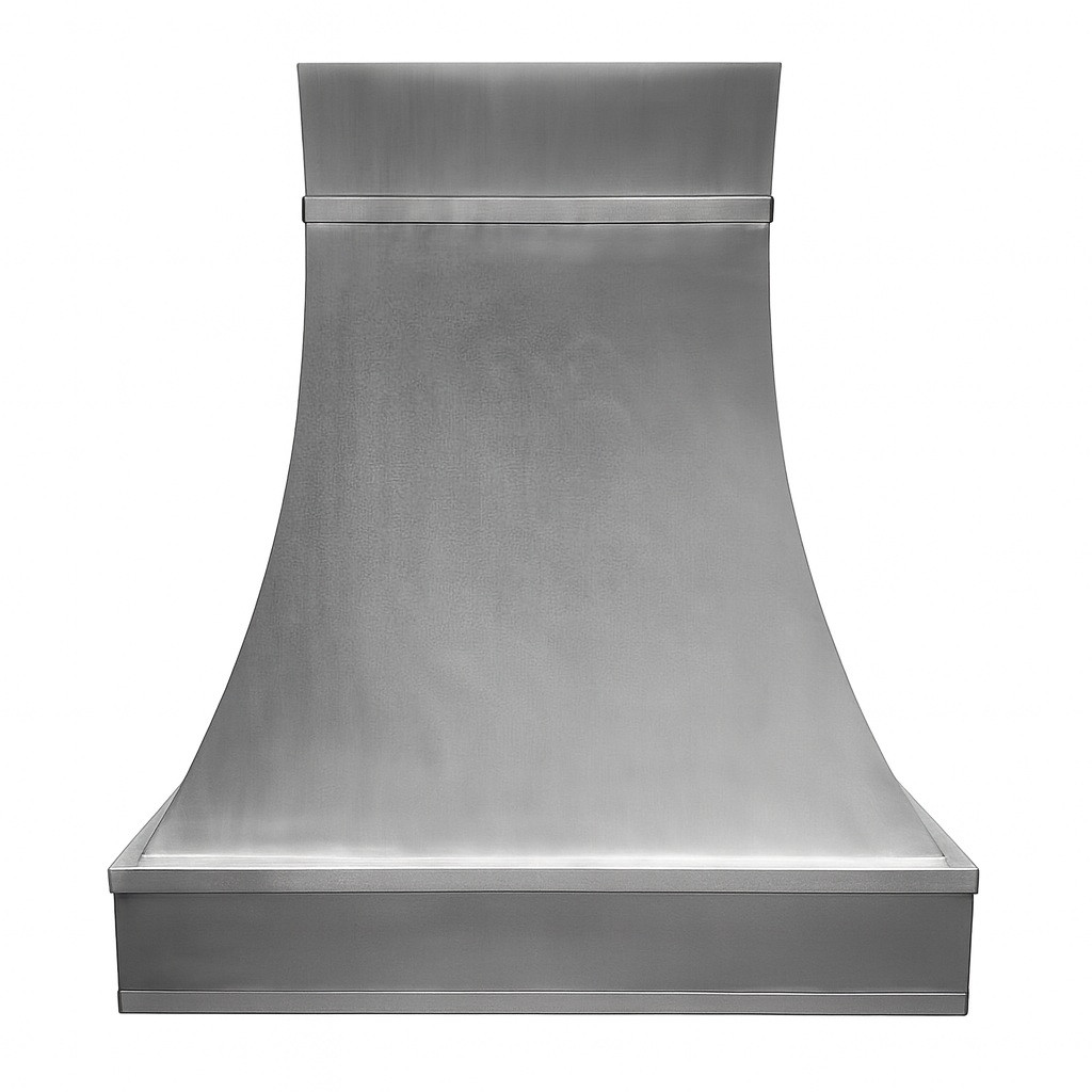 Zinc range hood with bell shaped design and satin finish front view on white background, smooth curved canopy with soft metallic sheen and clean silhouette