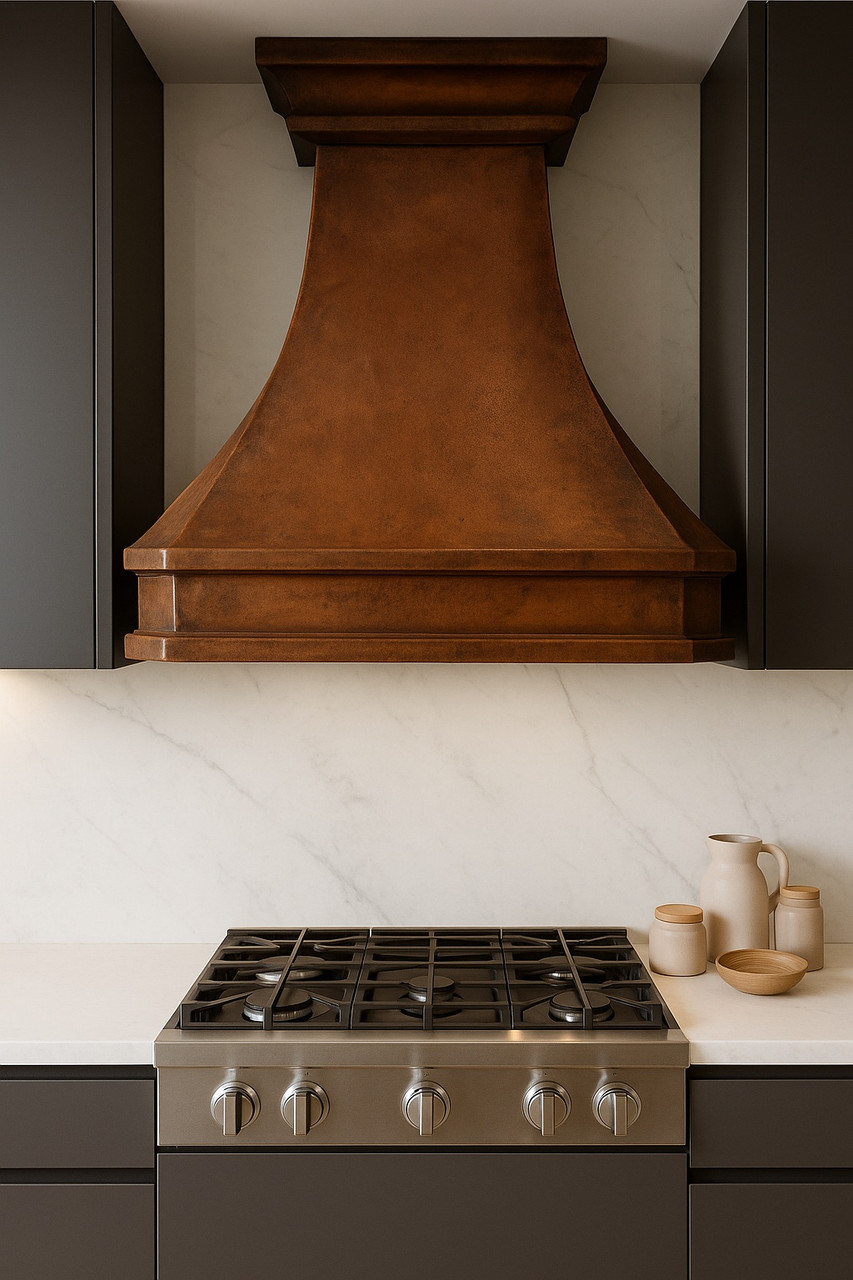 Modern kitchen with minimalist lines and a designer copper range hood