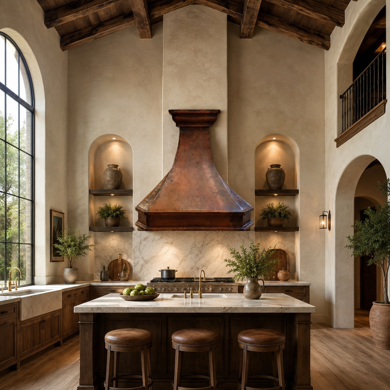 Designer Copper Range Hood in High Ceiling Kitchen