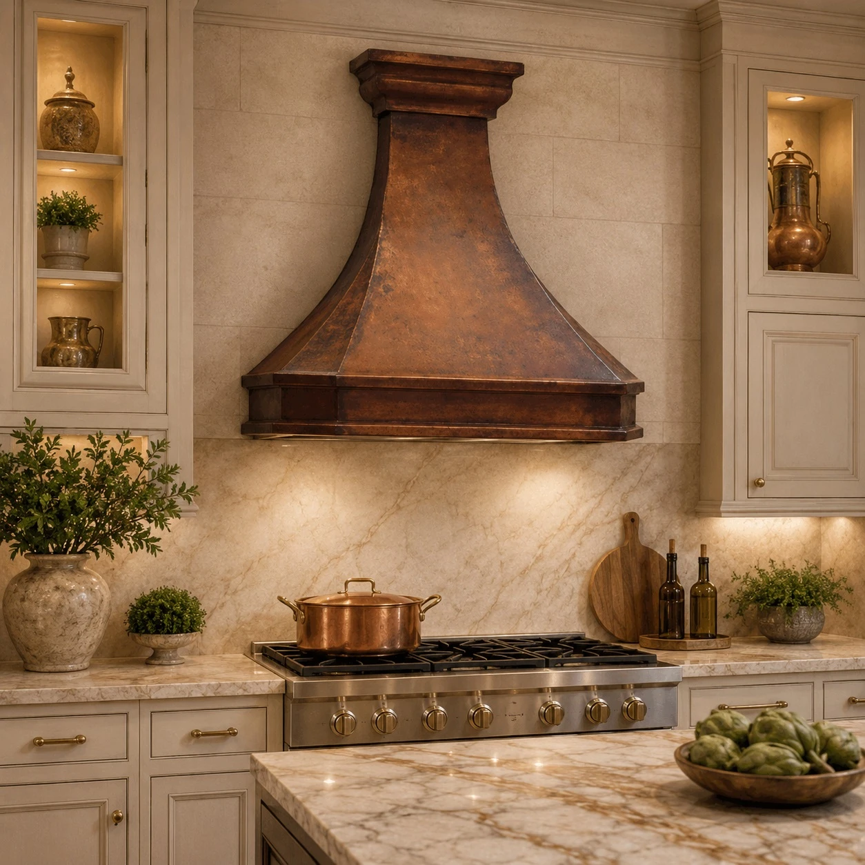 Designer copper range hood in a luxury kitchen with marble surfaces and custom cabinetry