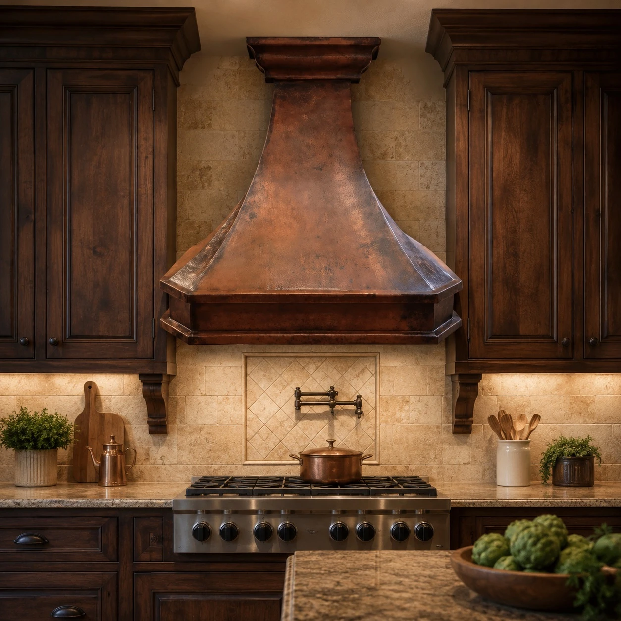 Designer copper range hood in a custom kitchen with tailored cabinetry and premium finishes