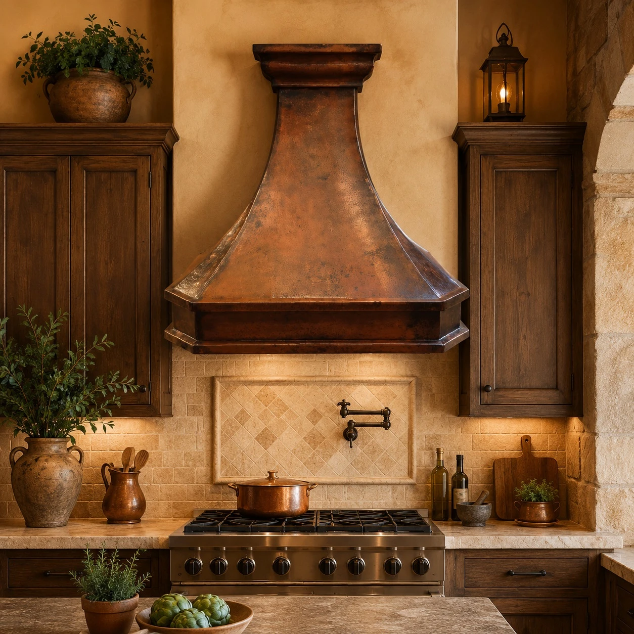 Designer copper range hood in a tuscan kitchen with stone surfaces and rich cabinetry