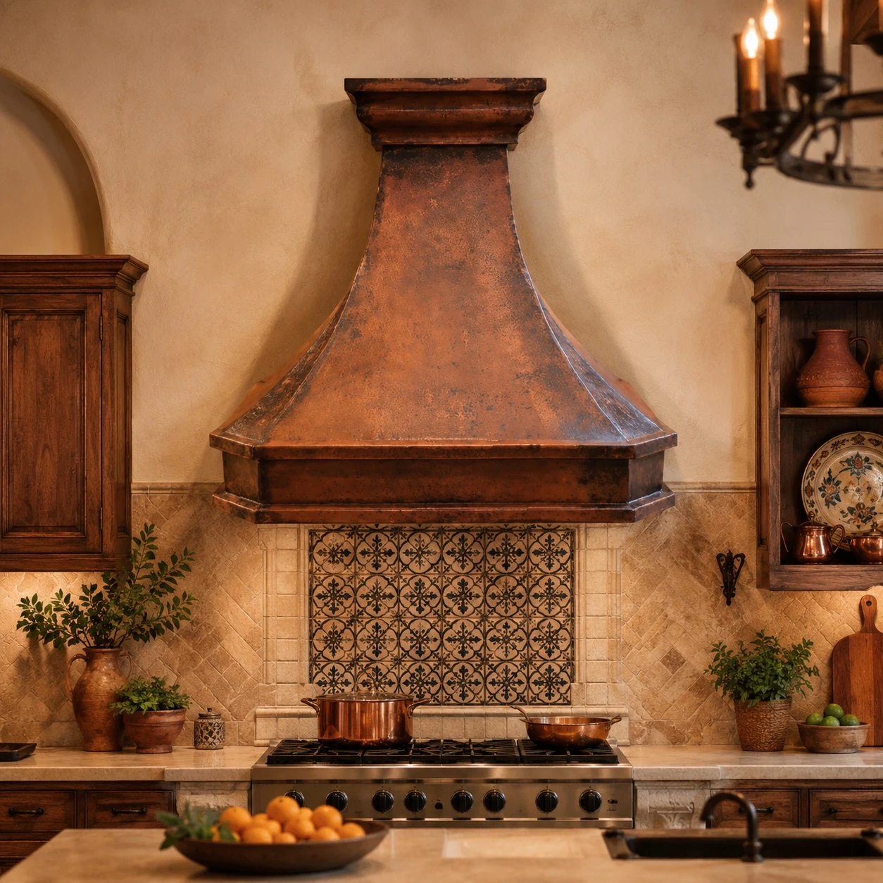 Designer copper range hood in a Spanish kitchen with plaster walls and artisan tile