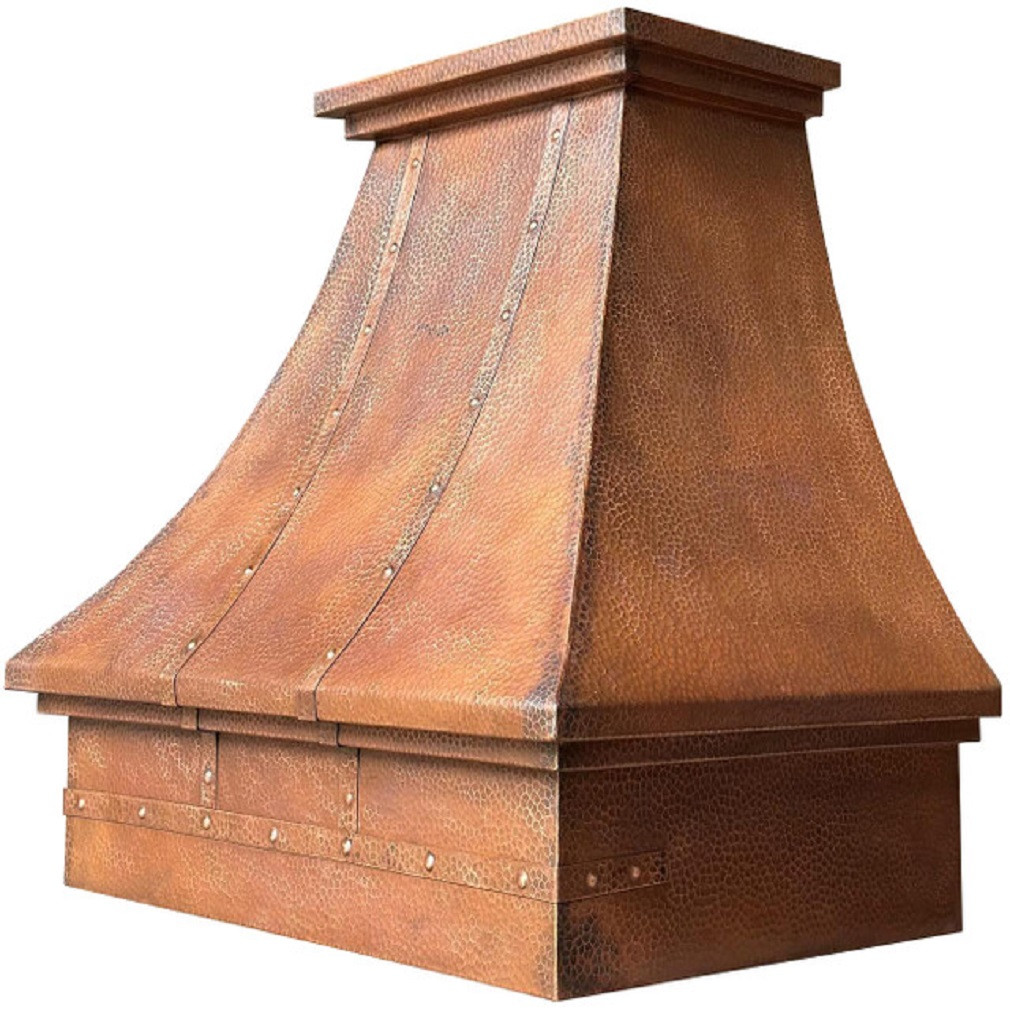 Custom copper kitchen hood with straps on its front and apron on a white background