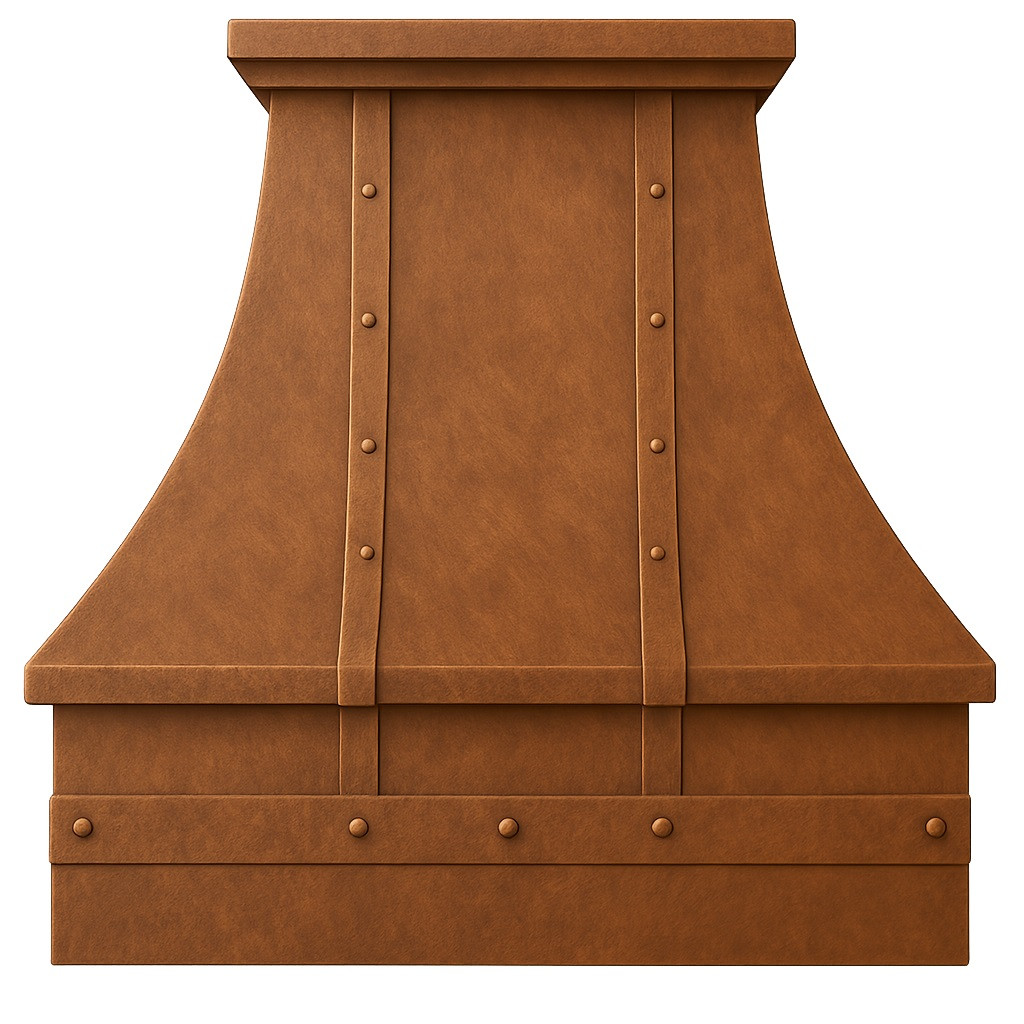 Custom handcrafted copper kitchen hood front view on a white background