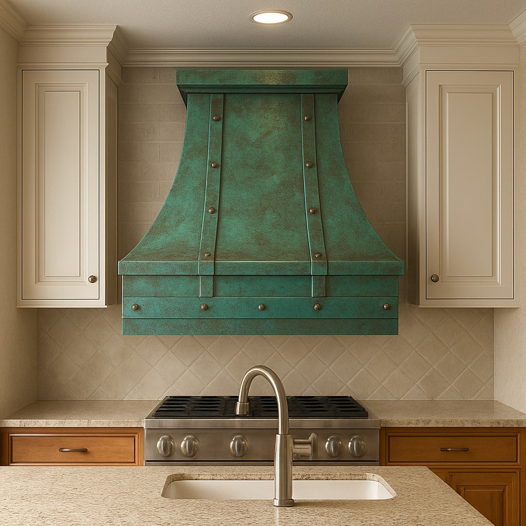 Custom copper kitchen hood in a traditional American suburban kitchen with green patina and Shaker-style cabinetry