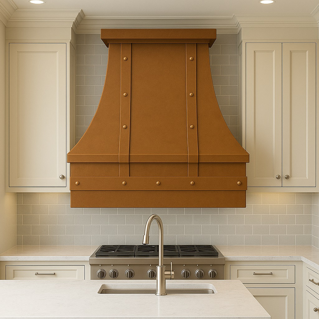 Custom copper kitchen hood in a transitional kitchen setting with warm patina and refined apron trim