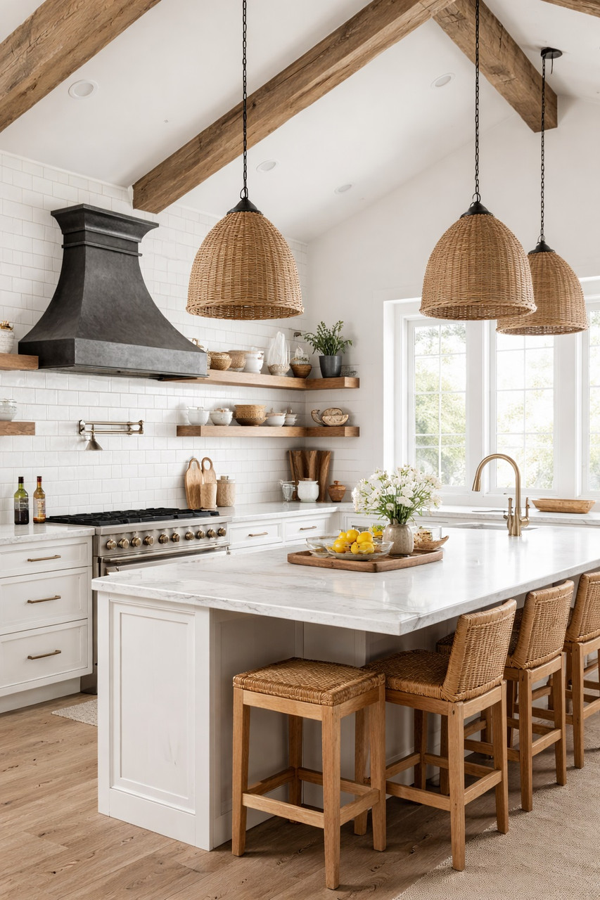 Rustic suburban kitchen with a dark hammered zinc range hood with tiered crown and tapered canopy
