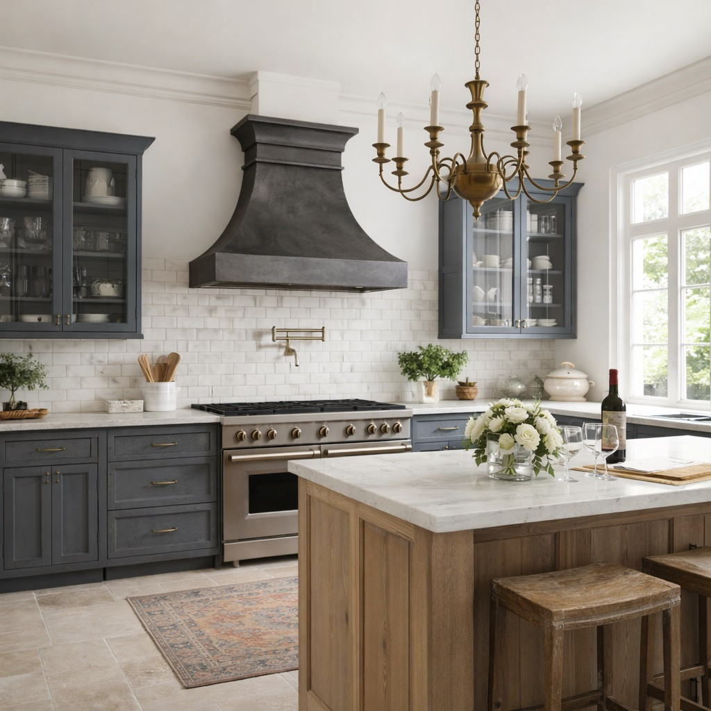 Transitional style kitchen with a dark hammered zinc range hood with tiered crown and tapered canopy
