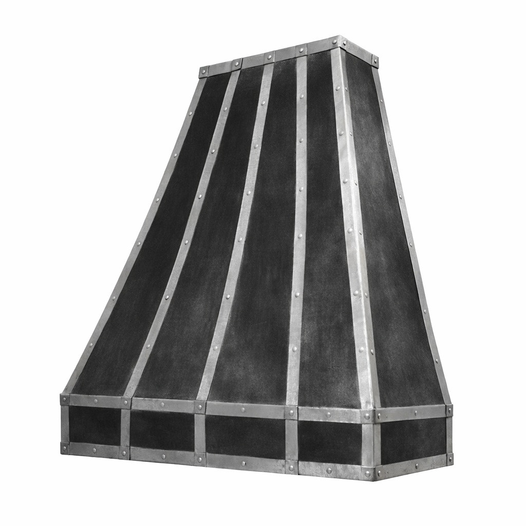 View from the side of an industrial zinc range hood with vertical straps