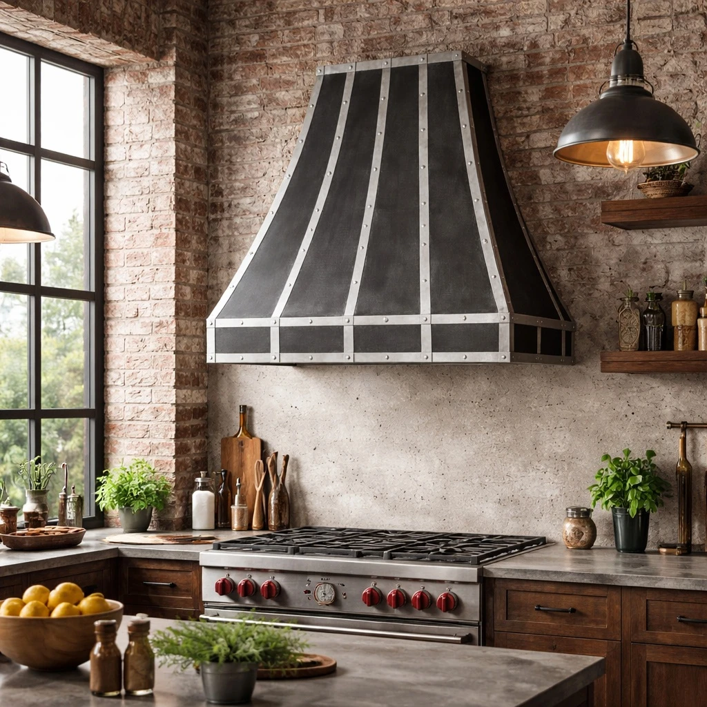 Modern industrial zinc range hood with straps and rivets in a bright urban loft kitchen