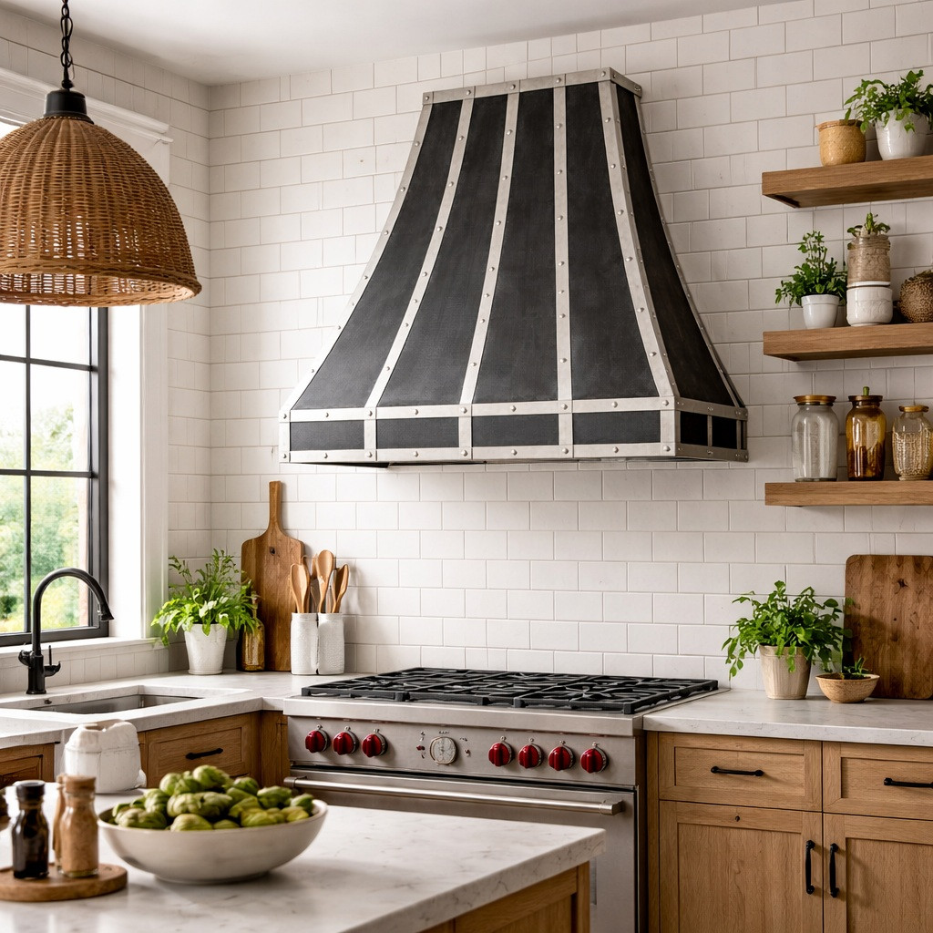 Modern kitchen with a farmhouse falvour with an industrial zinc range hood with vertical straps