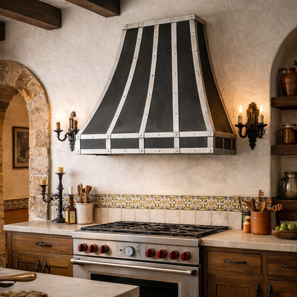 Industrial zinc range hood with vertical straps in a large Spanish Colonial style kitchen setting