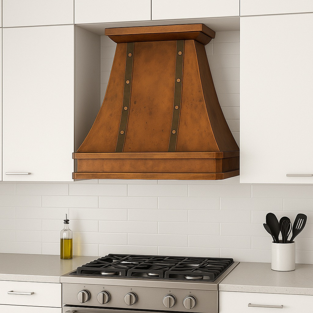 36-inch copper range hood: Modern style kitchen with a hammered copper hood above the range, flat panel cabinets, and clean stone backsplash